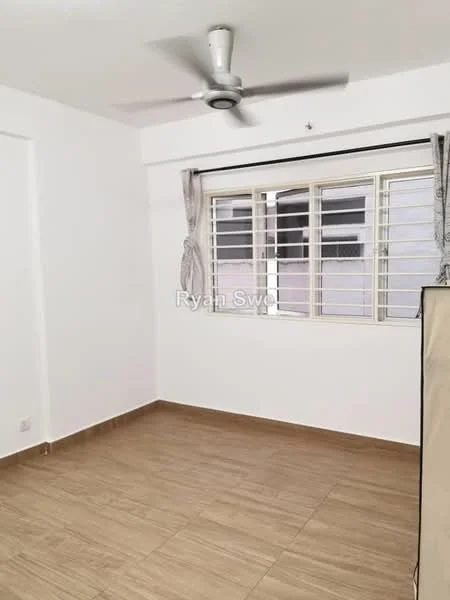 Room features: white painted walls, brown tiled flooring, 5-blade ceiling fan, window with metal grille, curtains, corner wardrobe, natural light from window; style: modern.