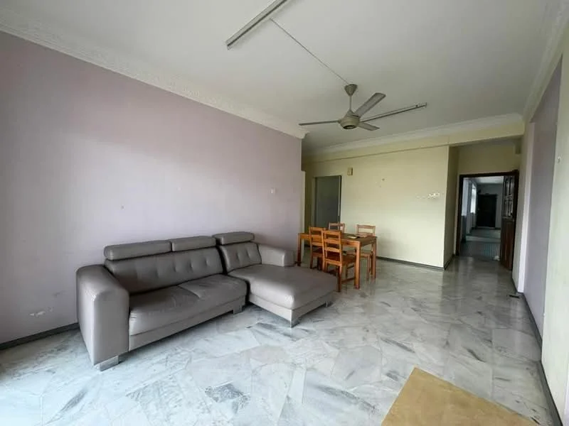 Living features: 3-seater leather sofa in brown, L-shape sectional sofa, marble tile flooring, ceiling fan, wall-mounted light fixture, purple painted accent wall, cream painted walls, dining table with 4 wooden chairs, open layout, doorway leading to hallway; style: modern.