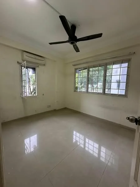 Room features: white painted walls, glossy tile flooring, ceiling fan, window with grid pattern, air conditioning unit, natural light from window, neutral color scheme; style: minimalist; view: garden.