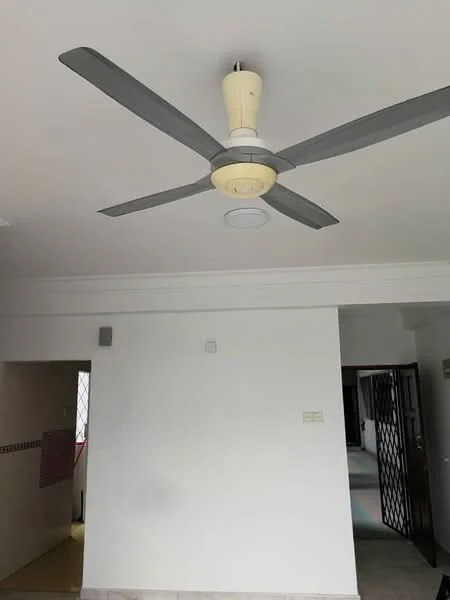 Room features: white painted walls, ceiling with crown moulding, 5-blade ceiling fan with light, light fixture, flooring visible, doorway leading to another room.