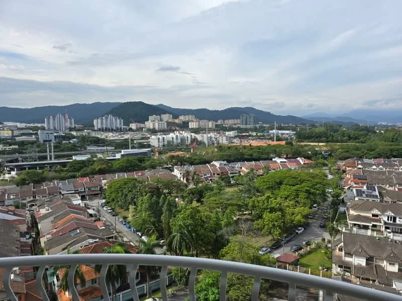 Exterior type: high-rise condominium; features: city skyline view, surrounded by greenery, residential area with houses, mountain view in background, urban landscape, multiple high-rise buildings; style: modern.