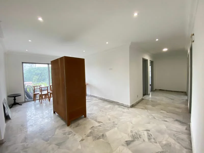 Room features: marble flooring, white painted walls, recessed downlights, large window with garden view, partition wall, dining table with chairs, open layout, neutral color scheme; style: modern; view: garden.
