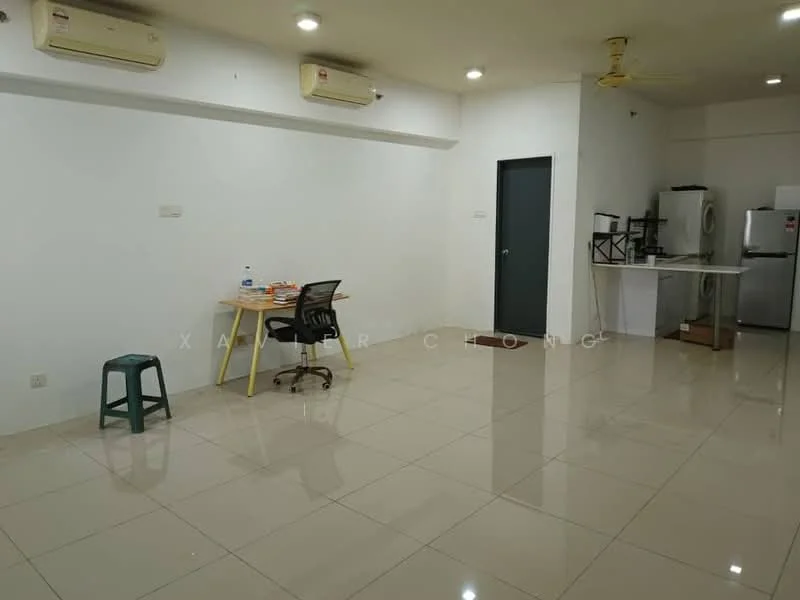 Room features: white painted walls, glossy ceramic tile flooring, ceiling fan, 1 wall-mounted split AC, dining table with yellow legs, black office chair, green stool, kitchen area visible in background, stainless-steel fridge, built-in kitchen cabinetry; style: modern.