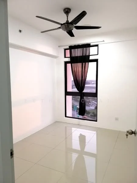 Room features: white painted walls, glossy tile flooring, 5-blade ceiling fan, floor-to-ceiling window, black sheer curtains, natural light from window; style: modern; view: city.