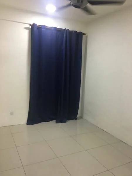Room features: white painted walls, glossy tile flooring, ceiling fan, dark blue curtains, no visible furniture.