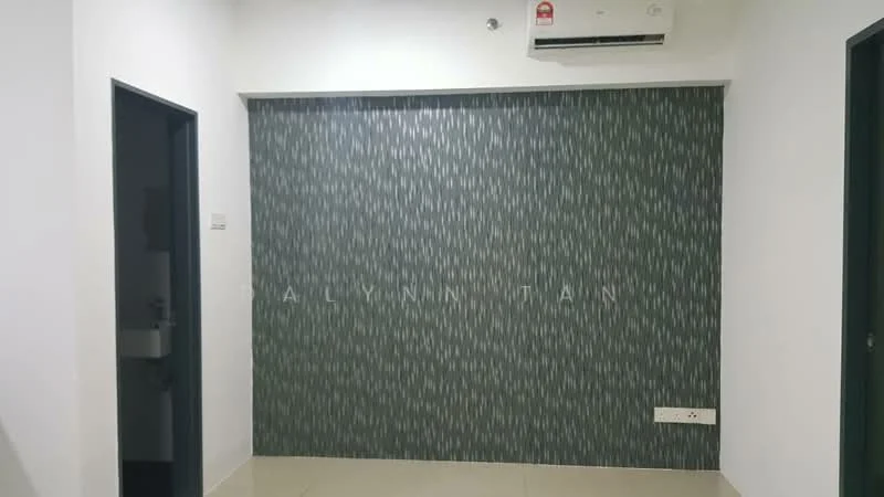 Room features: green patterned wallpaper, white painted walls, tile flooring, 1 wall-mounted split AC, doorway leading to another room, doorway leading to bathroom, light fixture on ceiling; style: modern.