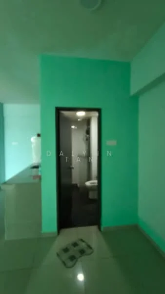 Room features: green painted walls, glossy tile flooring, doorway leading to bathroom, ceiling light fixture; style: modern.