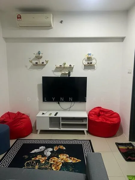 Living features: white painted walls, tile flooring, wall-mounted TV, white TV console, 2 red bean bag chairs, grey fabric sofa, decorative wall shelves, area rug with butterfly pattern, 1 wall-mounted split AC; style: modern.