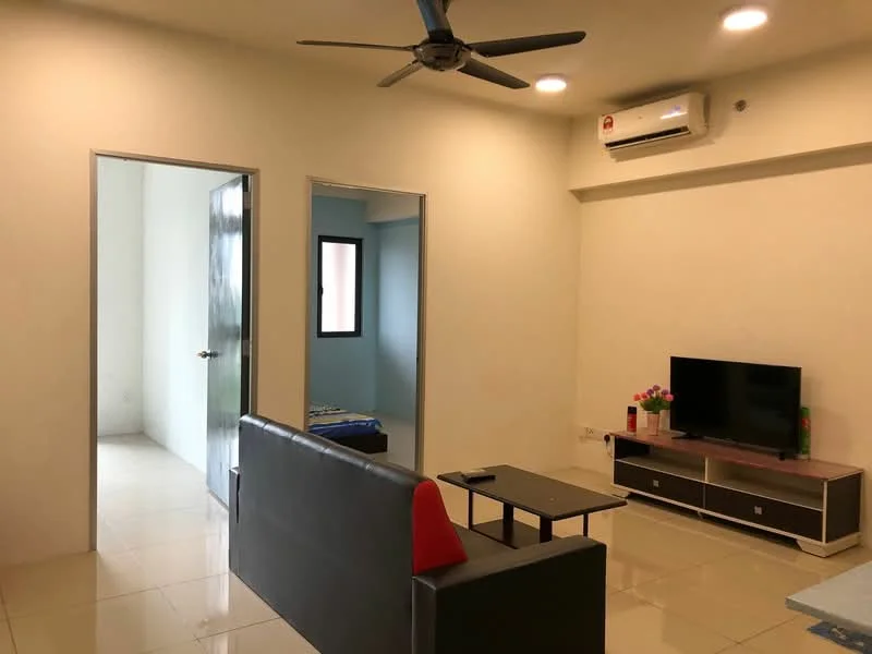 Living features: 3-seater fabric sofa in grey, coffee table, wall-mounted TV, TV console, ceiling fan, 1 wall-mounted split AC, white painted walls, glossy tile flooring, decorative plants on TV console, light switch, doorway to adjacent room; style: modern. Room features: window with black frame, blue wall, doorway leading to another room.
