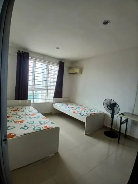 Bedroom features: two single beds with patterned mattresses, white bed frames, floor-to-ceiling windows, blackout curtains, wall-mounted split AC unit, ceiling lights, tile flooring, desk with chair, standing fan; view: city.