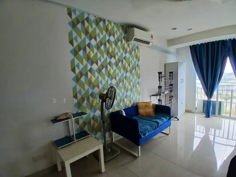 Living features: blue fabric sofa, geometric patterned accent wall, white painted walls, glossy tile flooring, floor-to-ceiling windows, curtains in blue, wall-mounted air conditioning unit, metal shelving unit, small side table, decorative cushion; style: modern; view: city.