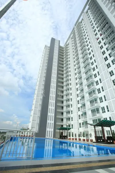 Exterior type: high-rise condominium; features: white painted facade, glass curtain wall, recessed balconies, infinity pool, pool deck with loungers, landscaped garden area, multiple storeys, modern architectural design; style: modern.