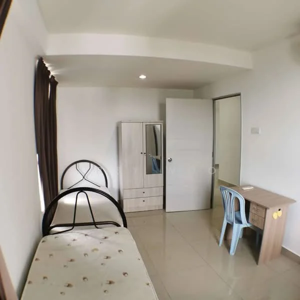 Bedroom features: single bed frame with mattress, cream painted walls, tile flooring, built-in wardrobe with sliding doors, study desk with chair, window with curtains, ceiling light fixture, door leading to hallway; style: modern.