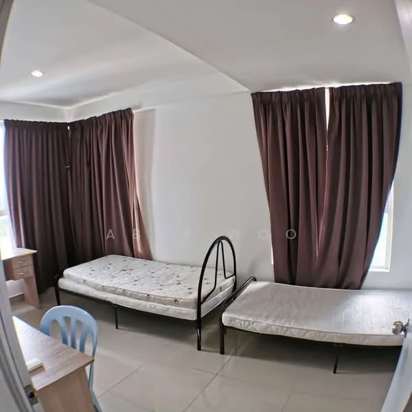Bedroom features: two single beds, brown curtains, white painted walls, tile flooring, desk with chair, window with natural light, ceiling lights.