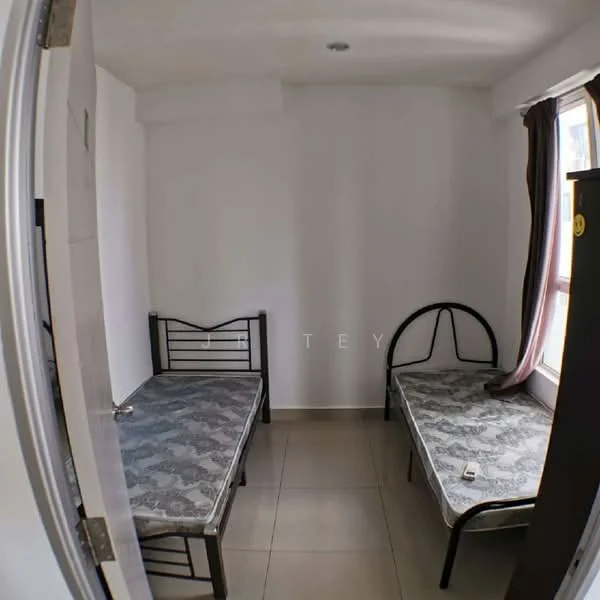 Bedroom features: two single beds with metal frames, grey patterned mattresses, white painted walls, tile flooring, window with sheer curtains, built-in wardrobe, ceiling light fixture.