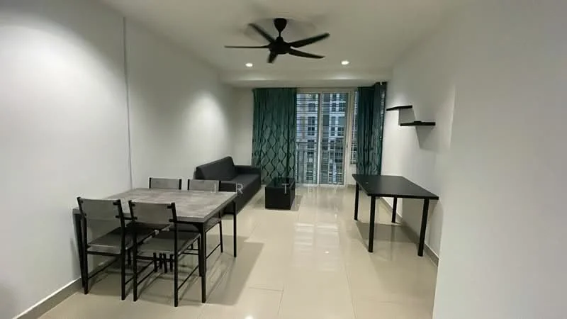 Living features: white painted walls, glossy tile flooring, 5-blade ceiling fan, floor-to-ceiling windows, green sheer curtains, black sofa, dining table with 4 chairs, black side table, floating shelf; style: modern.
