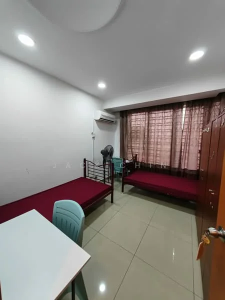 Bedroom features: two single beds with maroon bedding, white painted walls, glossy tile flooring, air conditioning unit, curtains with sheer and blackout layers, study desk with blue chair, built-in wardrobe with wooden doors, recessed ceiling lights; style: modern.