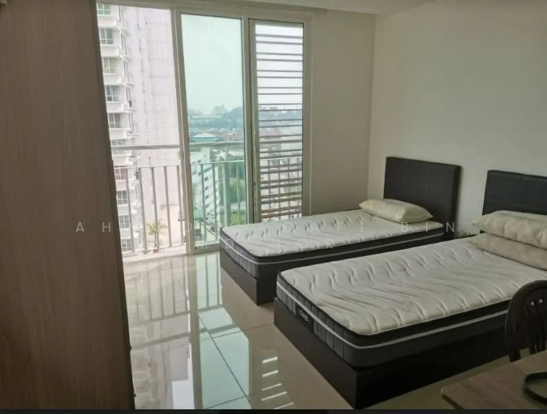 Bedroom features: two single beds with upholstered headboards, white bedding, floor-to-ceiling windows, sliding glass door, balcony access, glossy tile flooring, neutral painted walls, curtains, wooden wardrobe, desk with chair; style: modern; view: city.