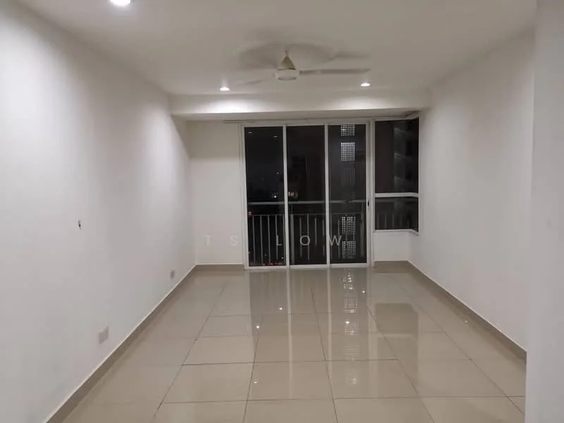 Living features: white painted walls, glossy ceramic tile flooring, 5-blade ceiling fan with light, floor-to-ceiling sliding glass door, natural light from sliding door, neutral color scheme, recessed downlights; style: modern.