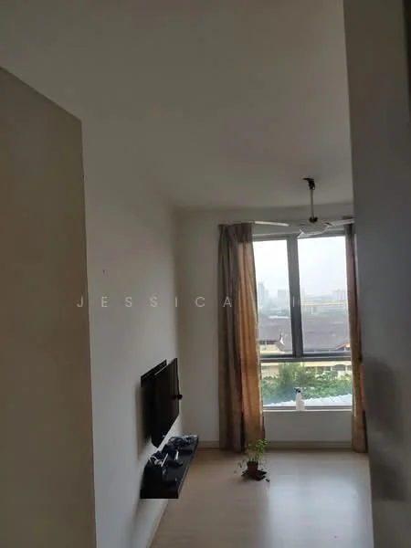 Room features: light wooden flooring, white painted walls, floor-to-ceiling windows, curtains, wall-mounted TV, small potted plant, ceiling light fixture; style: modern; view: city.