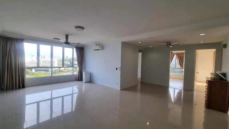 Living features: large floor-to-ceiling windows, cream painted walls, white ceiling with crown moulding, marble tile flooring, 2 ceiling fans, 1 wall-mounted split AC, natural light from windows, curtains on windows, open layout, view of the city, neutral color palette, decorative wall paneling, space for furniture arrangement; style: modern; view: city. Room features: doorway leading to another room, light-colored walls, natural light from windows.