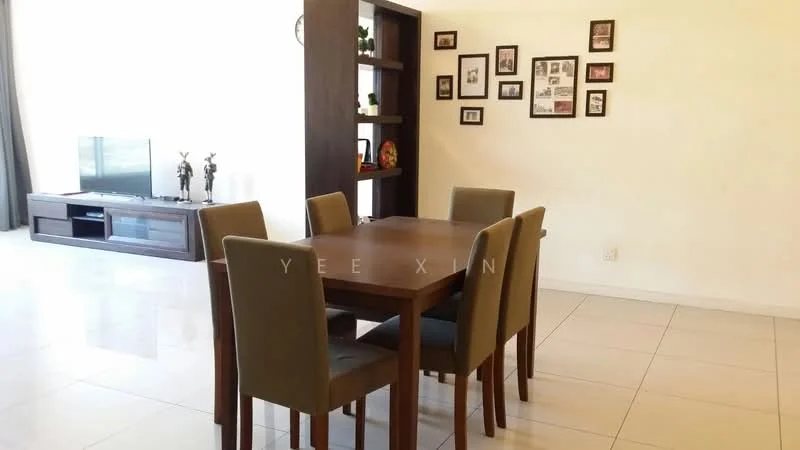 Dining features: 6-seater dining table, wooden dining table, upholstered dining chairs in grey, decorative wall with photo frames, dark wood shelving unit, floor-to-ceiling windows, white painted walls, glossy tile flooring, TV console, wall-mounted TV; style: modern.