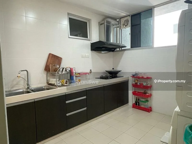 Kitchen features: white tiled walls, light grey cabinetry, double-bowl stainless-steel sink, chrome pull-down faucet, black gas hob, built-in range hood, countertop with space for appliances, window for natural light, white tiled flooring, open shelving, plastic storage rack; style: modern.