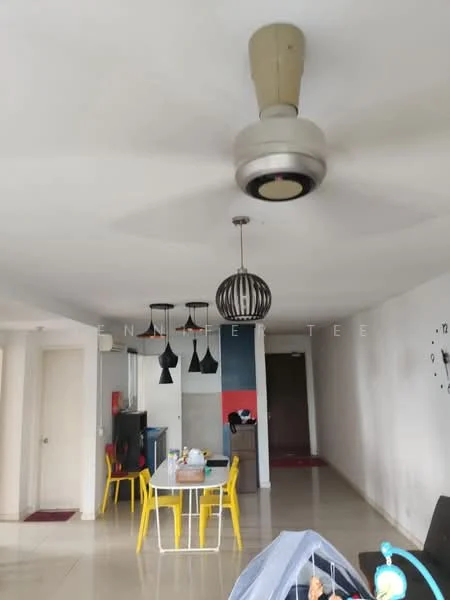 Living features: 5-blade ceiling fan with light, pendant lamp with black and white stripes, yellow dining chairs, round dining table, wall-mounted TV, recessed lighting, cream painted walls, glossy tile flooring, open layout, decorative wall clock; style: modern.