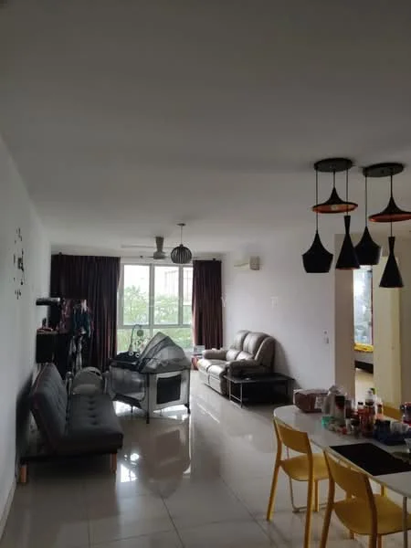 Living features: grey fabric sofa, 3-seater sofa, 2-seater leather sofa, glass coffee table, black console table, yellow dining chairs, pendant lighting with black shades, ceiling fan, large window with sheer curtains, white painted walls, glossy tile flooring, decorative wall clock, wall-mounted air conditioning unit; style: modern; view: garden.