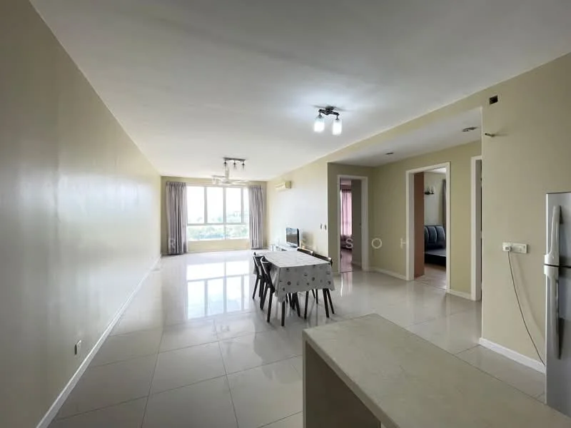 Living features: white painted walls, glossy ceramic tile flooring, recessed downlights, large windows with city view, dining table with chairs, TV console, sofa, air conditioning unit; style: modern; view: city. Room features: doorway leading to other rooms, neutral wall color, open layout.