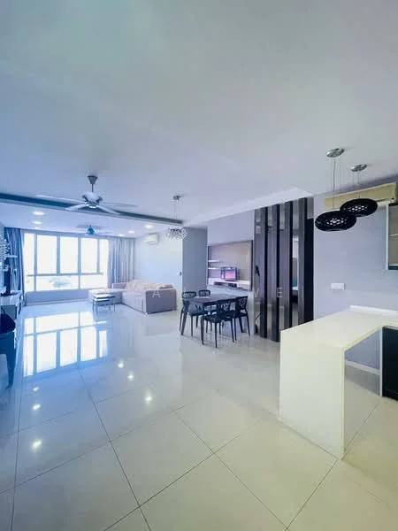Living features: large floor-to-ceiling windows, grey painted walls, white ceiling, 5-blade ceiling fan with light, recessed LED downlights, polished ceramic tile flooring, sofa in light color, dining table with four chairs, TV mounted on wall, decorative wall paneling, curtains, open layout to kitchen, natural light from windows; style: modern; view: city. Kitchen features: white cabinetry, island countertop, stainless-steel sink, built-in appliances, open layout to living area; style: modern.