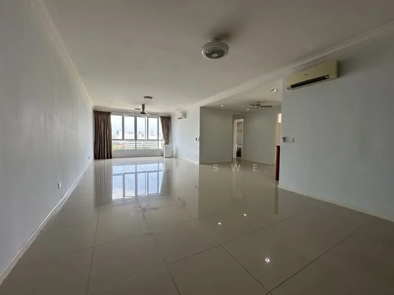 Living features: white painted walls, polished ceramic tile flooring, tray ceiling, 5-blade ceiling fan with light, 1 wall-mounted split AC, floor-to-ceiling windows, curtains, natural light, open layout; style: modern; view: city.