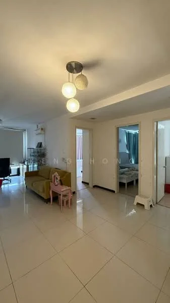 Living features: cream painted walls, white ceiling, recessed downlights, 3-blade ceiling fan, large windows with sheer curtains, white tiled flooring, green fabric sofa, pink children's chair, TV console, open layout, decorative plants; style: modern. Room features: white walls, doorway leading to another room, light blue curtains.