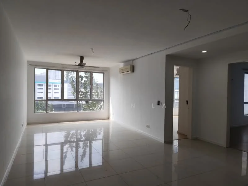 Living features: white painted walls, glossy ceramic tile flooring, 5-blade ceiling fan with light, floor-to-ceiling windows, air conditioning unit, natural light from windows, neutral color palette, open layout; style: modern; view: city.