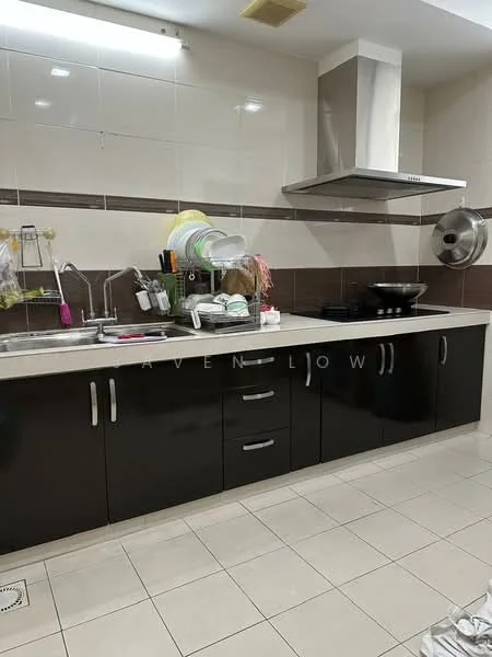 Kitchen features: black cabinetry, white countertop, double-bowl stainless-steel sink, chrome pull-down faucet, stainless-steel range hood, built-in stove, dish rack, wall-mounted shelves, ceramic tile flooring, light-colored tiled walls, kitchen utensils, cooking pot; style: modern.