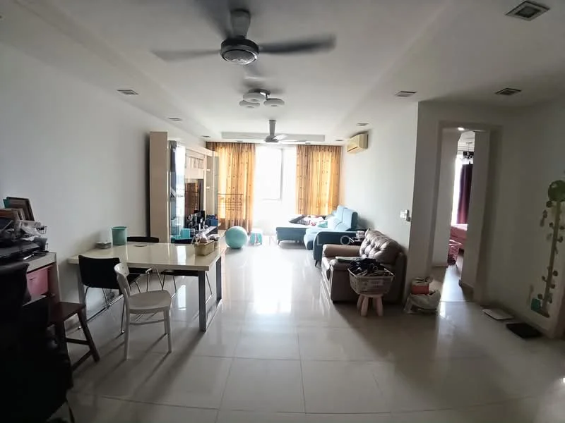 Living features: white painted walls, glossy tile flooring, 5-blade ceiling fan with light, sofa in light blue, brown leather sofa, dining table with 4 chairs, TV console, large windows with sheer curtains, decorative wall shelving, area rug, air conditioning unit; style: modern; view: city. Room features: doorway leading to another room, light-colored walls, tile flooring.
