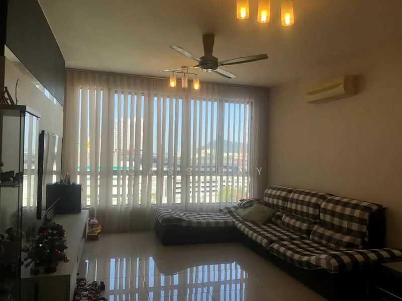 Living features: 3-seater fabric sofa in black and white checkered pattern, floor-to-ceiling windows with vertical blinds, wall-mounted TV, ceiling fan with light, cream painted walls, glossy tile flooring, air conditioning unit, decorative items on TV console; style: modern; view: city.