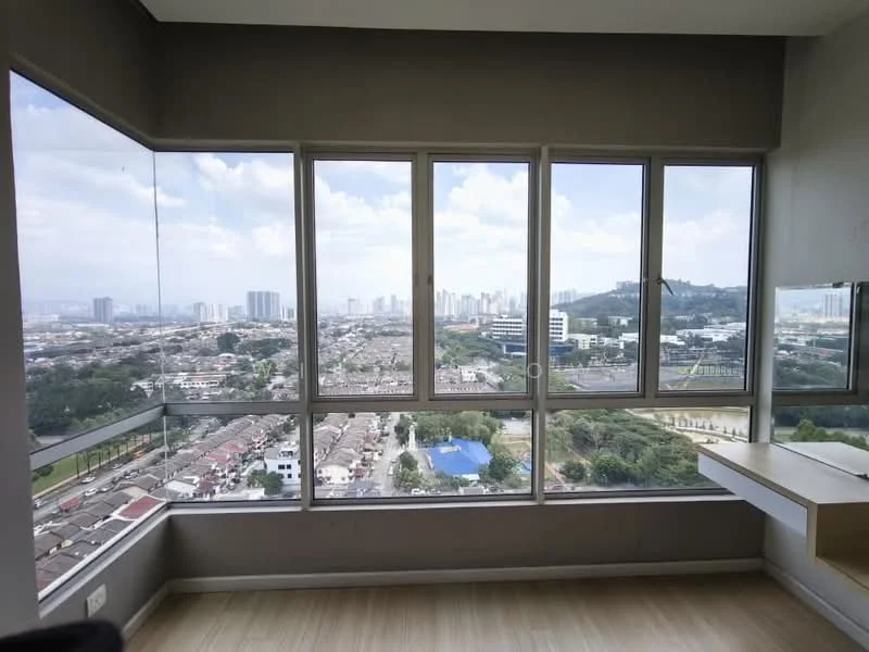 Room features: floor-to-ceiling windows, grey painted walls, light wood flooring, city skyline view, corner window, natural light, minimalist design, built-in shelf; style: modern; view: city.