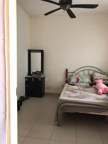 Bedroom features: queen-size bed, metal bed frame, patchwork quilt on bed, black dresser, mirror on dresser, light-colored walls, tiled flooring, ceiling fan, decorative pillows, stuffed animal on bed, dumbbells on floor.