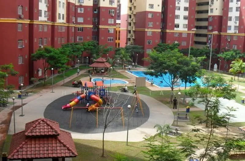 Exterior type: mid-rise condominium; features: swimming pool, children's playground with slides, landscaped garden, manicured lawn, pavilion with tiled roof, outdoor lighting, walking paths, mature trees; style: modern.