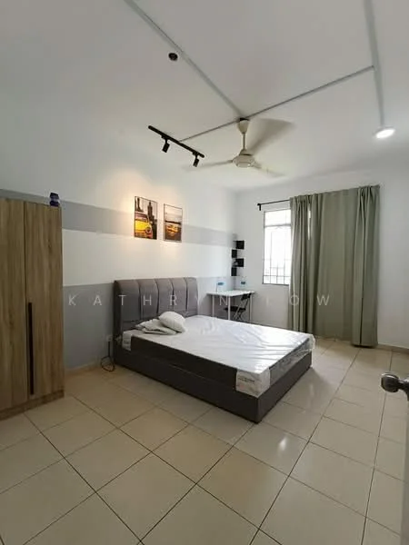 Bedroom features: queen-size bed, upholstered headboard, wall-mounted shelf, ceiling fan, window with sheer curtains, light grey painted walls, cream tiled flooring, wooden wardrobe, decorative wall lighting; style: modern.