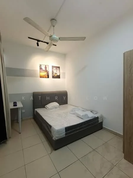 Bedroom features: queen-size bed, upholstered headboard, 2 bedside tables, ceiling fan with light, white painted walls, tile flooring, framed artwork on walls, built-in wardrobe; style: modern.