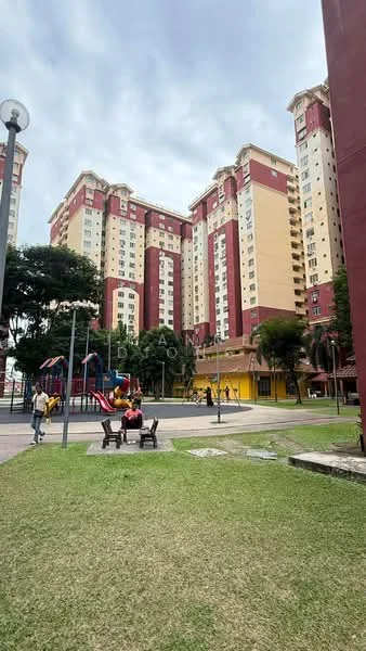 Exterior type: high-rise condominium; features: red and cream painted facade, multiple storeys, playground area, manicured lawn, surrounded by greenery, outdoor seating area, balconies on upper floors, landscaped garden, children's playground equipment; style: modern.