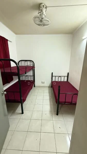 Bedroom features: bunk bed with red bedding, single bed with red bedding, white painted walls, white ceiling, ceiling fan, tile flooring, window with red curtains, light fixture on ceiling.