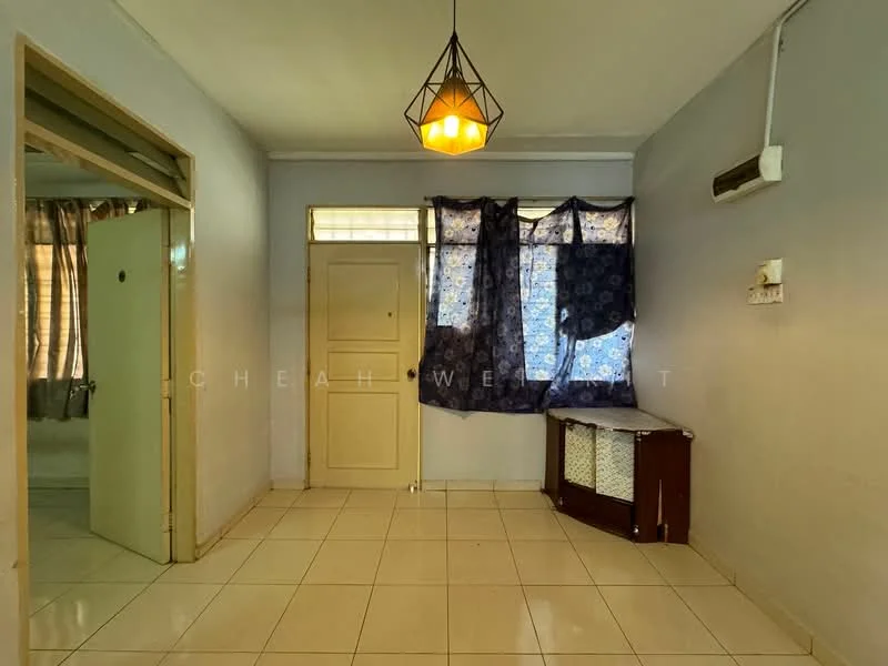 Room features: white painted walls, glossy tile flooring, ceiling light fixture with geometric design, window with blue patterned curtains, wall-mounted air conditioning unit, wooden cabinet, main door with circular peephole, door leading to another room; style: minimalist.
