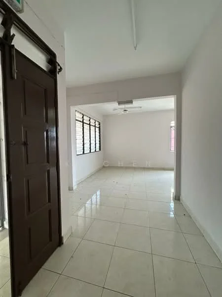 Room features: white painted walls, glossy ceramic tile flooring, ceiling fan, large windows, door with wooden frame, neutral color scheme, open layout, natural light; style: modern.