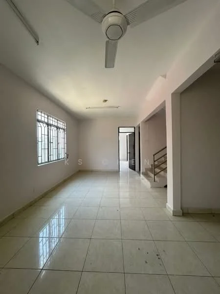 Room features: white painted walls, glossy ceramic tile flooring, ceiling fan, large windows with grid pattern, natural light from windows, staircase visible in background, neutral color scheme, open layout; style: modern.