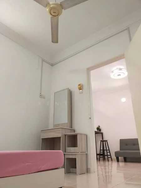 Bedroom features: pink bedspread, wooden bedside table, wooden dresser with mirror, ceiling fan, white painted walls, tile flooring, recessed ceiling light, grey sofa in background; style: modern.