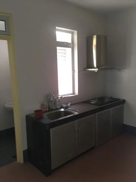 Kitchen features: single-bowl stainless-steel sink, chrome pull-down faucet, black countertop, stainless-steel cabinetry, 2-burner gas hob, stainless-steel range hood, window with blinds, light-colored walls, vinyl flooring; style: modern. Room features: white painted walls, doorway leading to bathroom, unknown flooring.