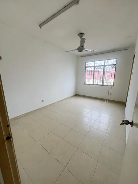 Room features: white painted walls, tile flooring, ceiling fan, large window with grid pattern, natural light, neutral color scheme.